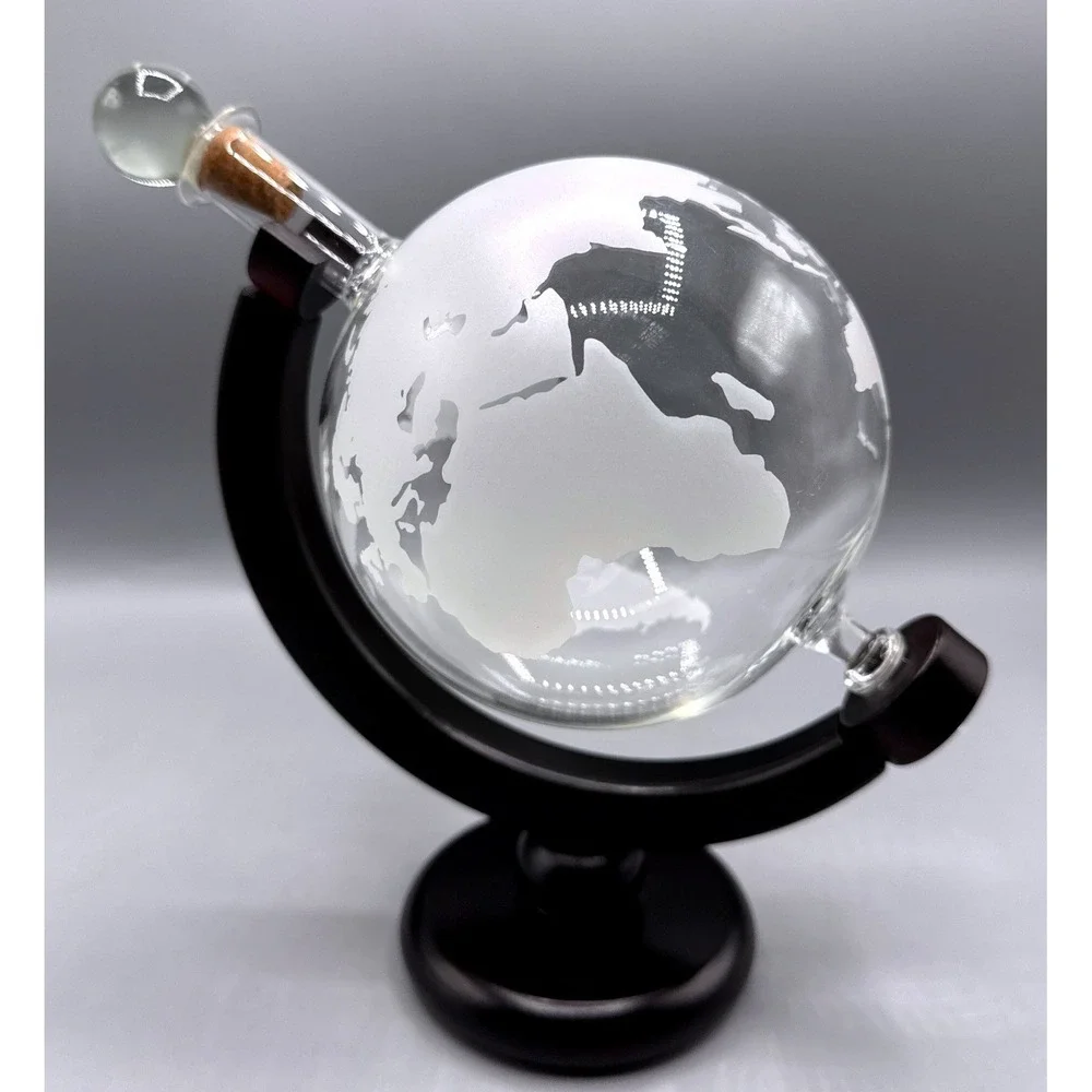 Etched Glass Rotating Globe Whiskey Decanter with Wooden Stand 850ml Barware